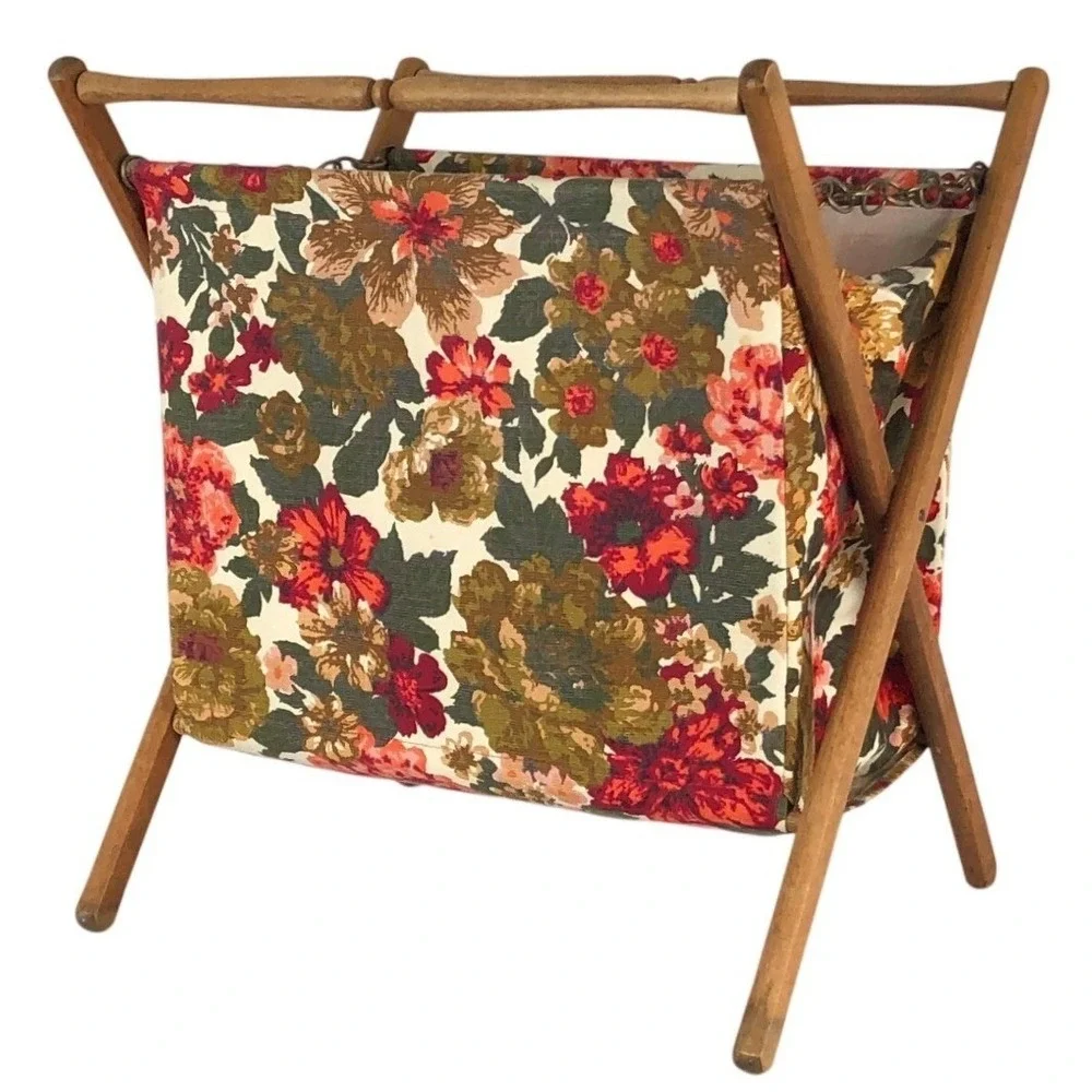 VTG Floral Tapestry Folding Knitting Yarn Basket Wooden Magazine Rack MCM Red EC